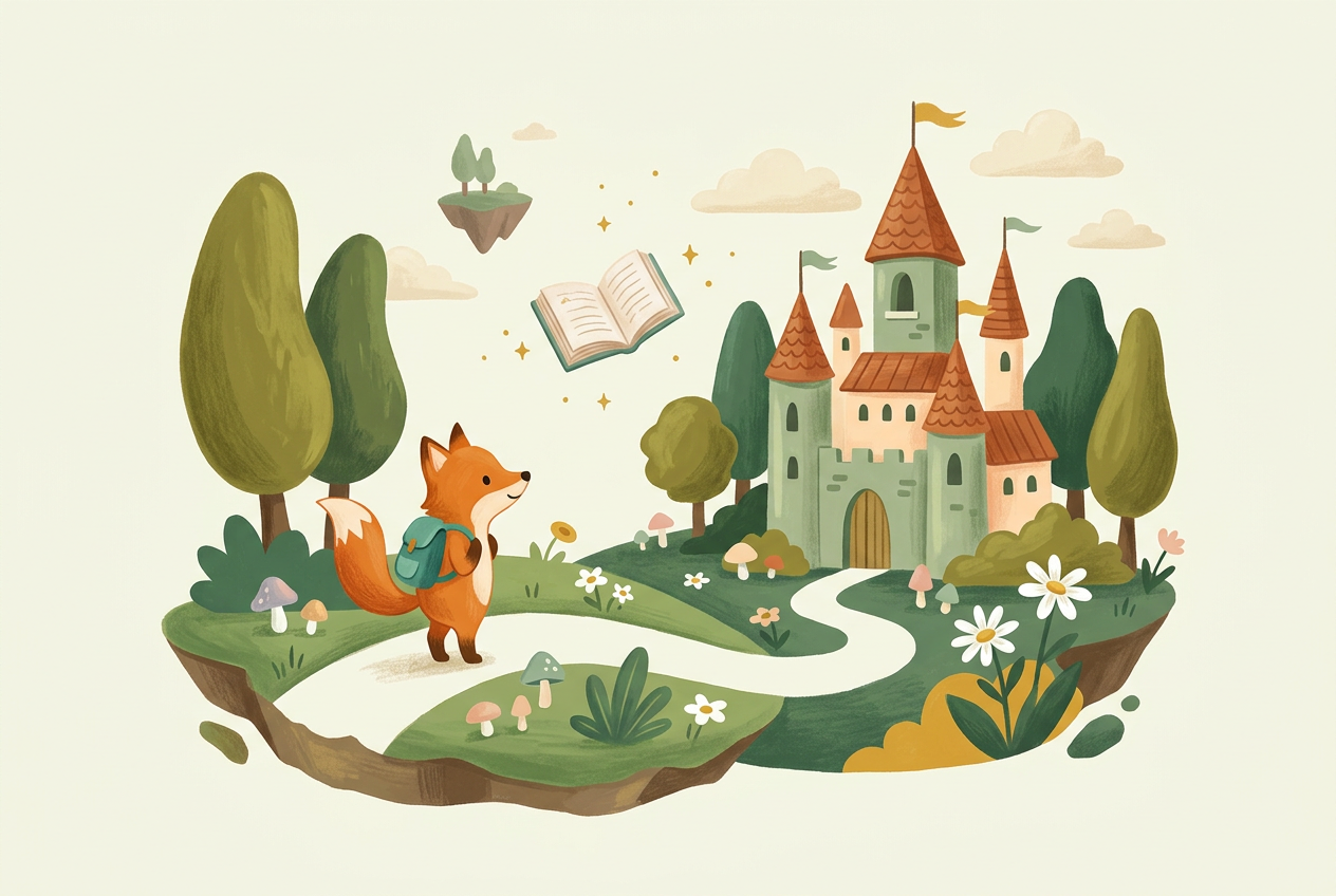 A curious little fox discovers a storybook castle on a magical floating island.